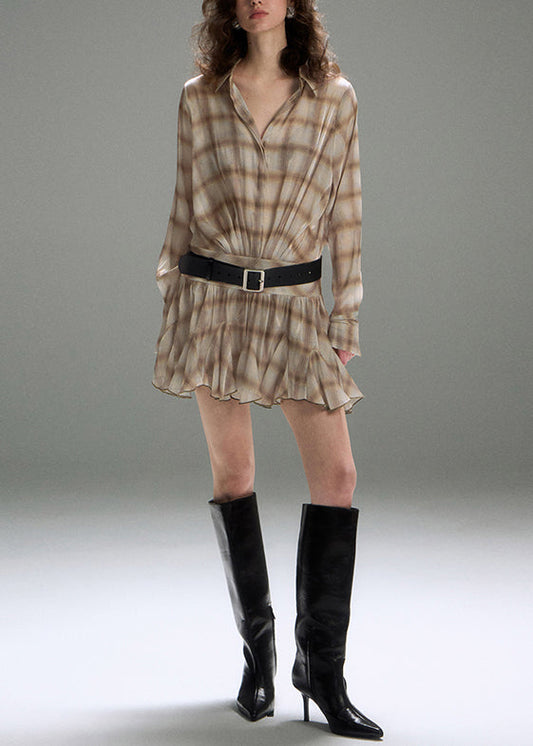 Art Khaki Peter Pan Collar Plaid Cotton Shirt Dresses Fall