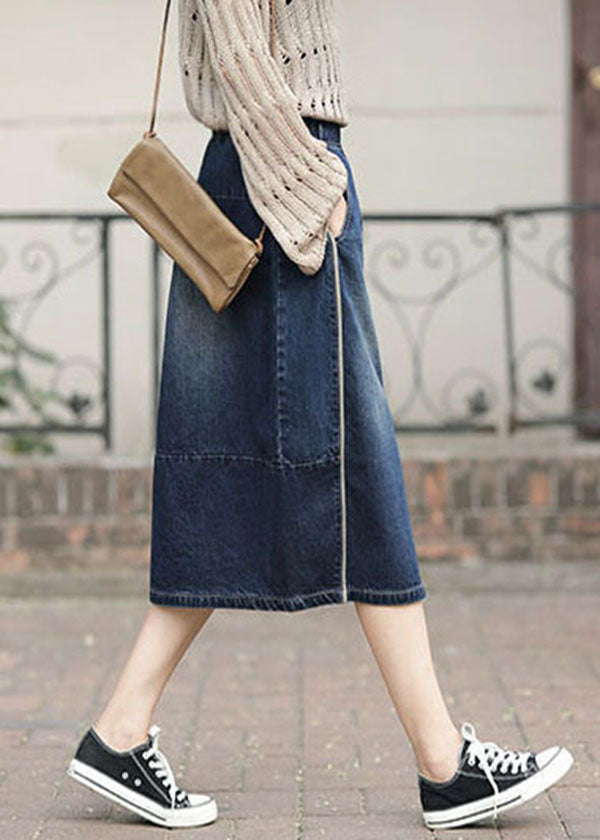 Fashion Denim Blue High Waist Pockets Patchwork Side Open Cotton Skirts Cozy