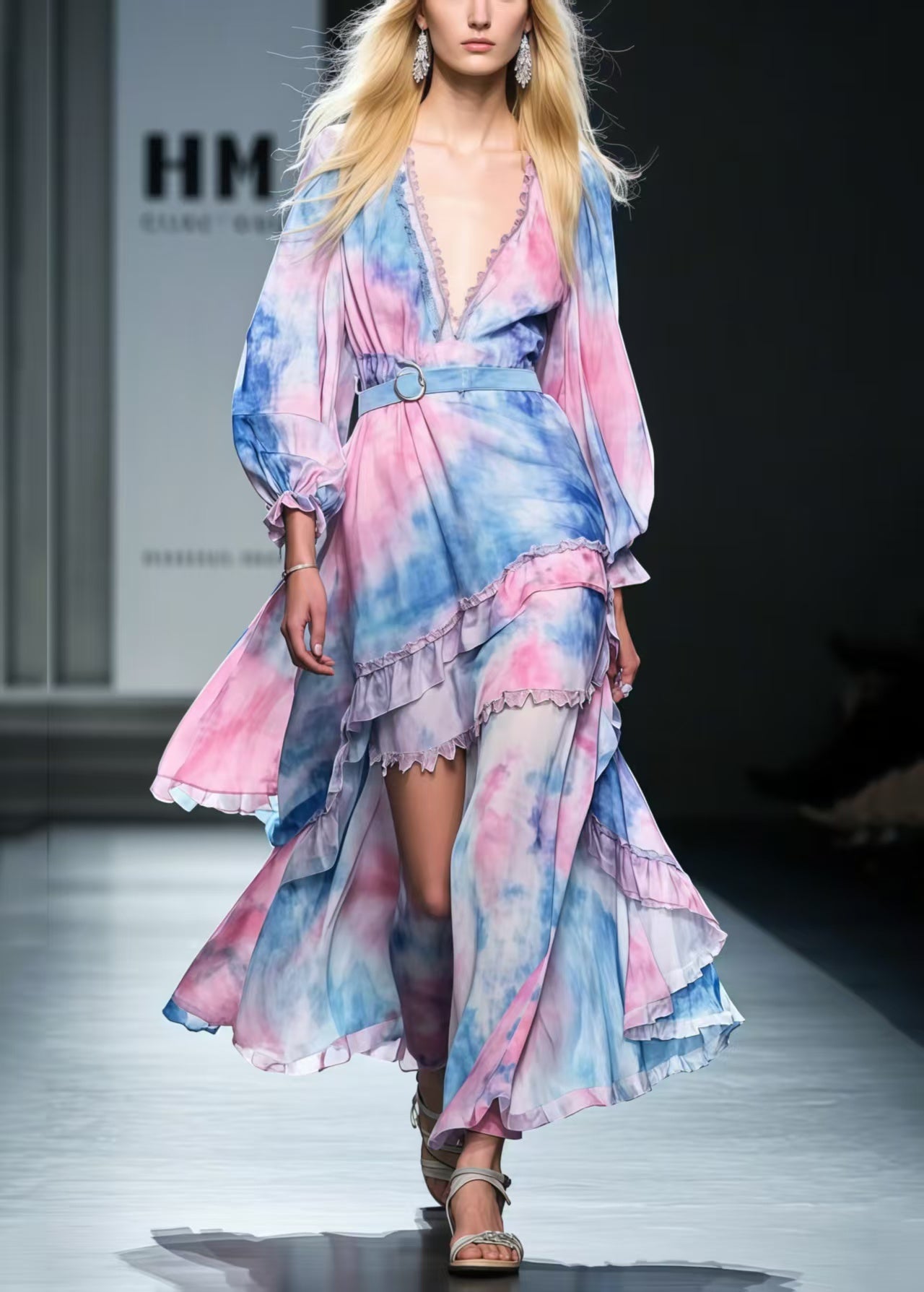 Beautiful Rainbow Asymmetrical Tie Dye Chiffon Tunic Dress Spring