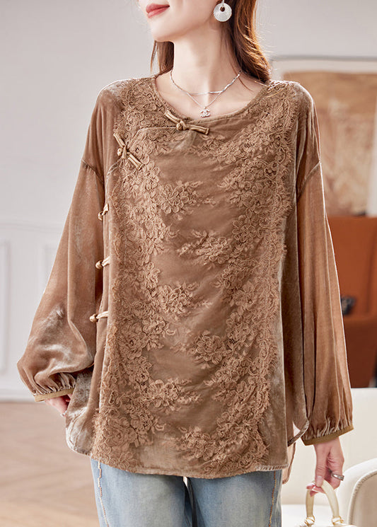 Elegant Coffee Lace Patchwork Side Open Silk Velour Shirt Spring