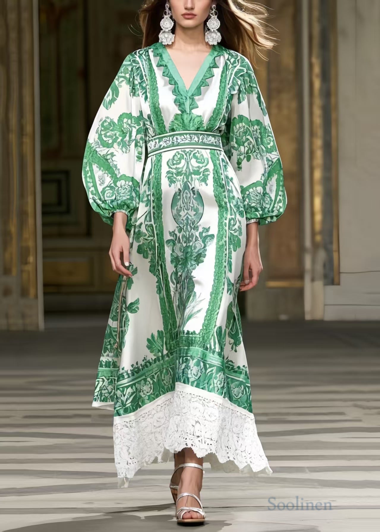 Vintage Green Puff Sleeve Patchwork Lace Robe Dresses Spring