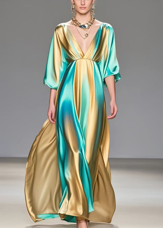 Modern Colorblock V Neck Tie Dye Silk Vacation Dresses Summer