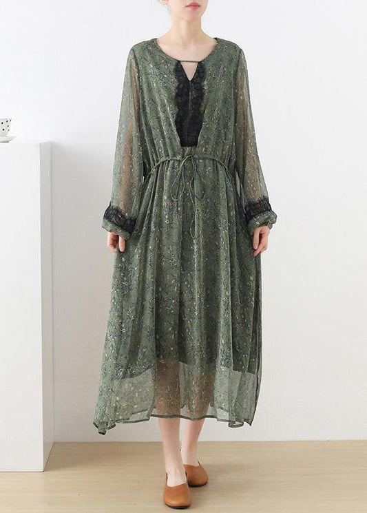 French Green Print Chiffon Patchwork Summer Vacation Dresses