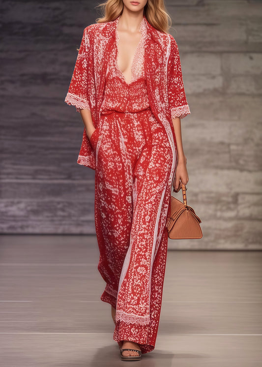 Bohemian Red Oversized Print Chiffon Two Pieces Set Summer