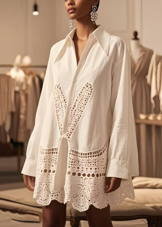 Boho White Oversized Hollow Out Cotton Shirt Tops Spring