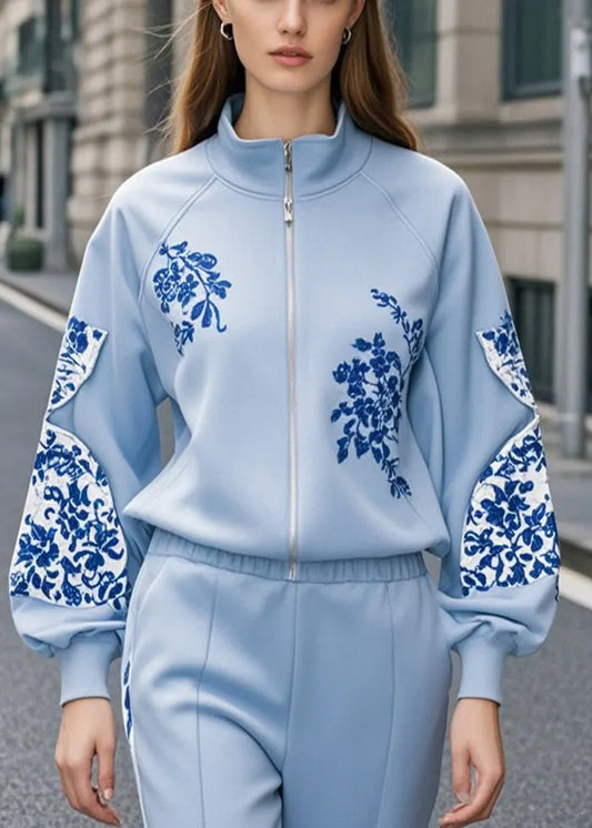 French Sky Blue Print Patchwork Cotton Sweatshirt Fall