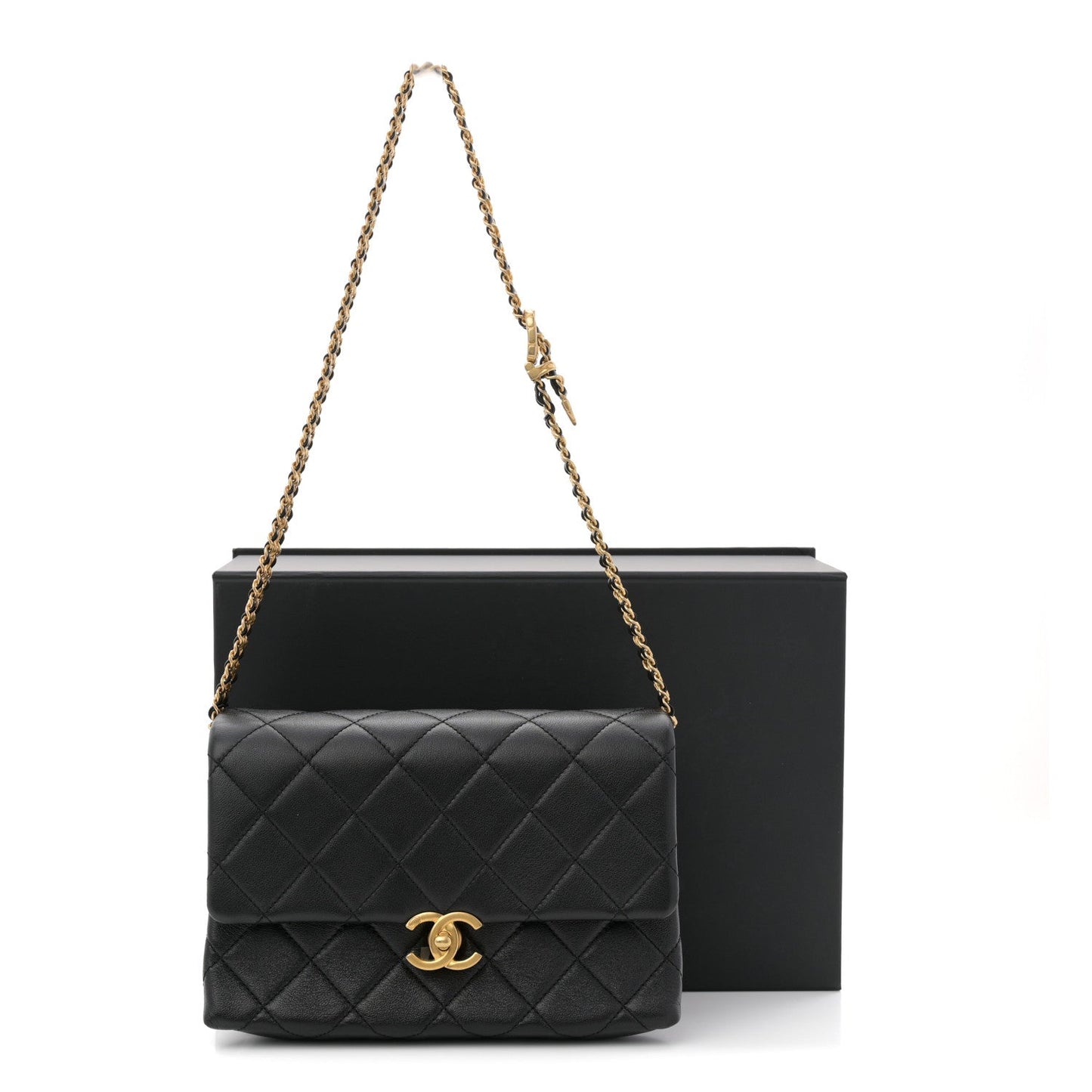 Calfskin Quilted Belt Chain Flap Black