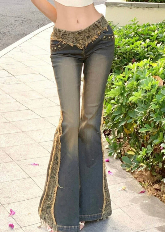 Vintage Low Waist Patchwork Lace Denim Flared Trousers Spring