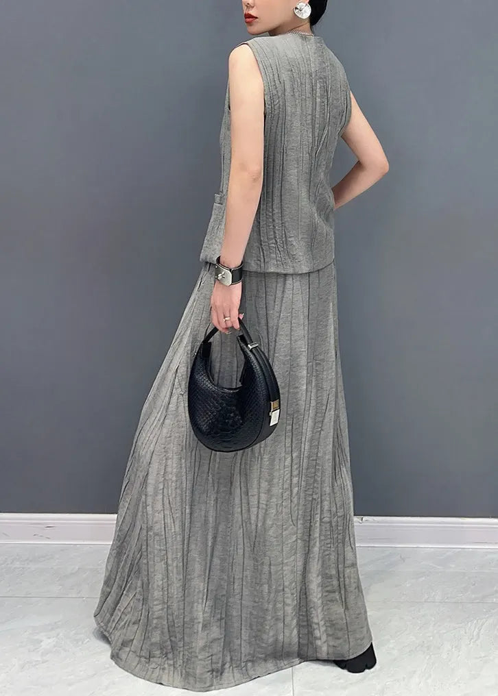 Boutique Grey V Neck Waistcoat And Skirts Two Pieces Set Sleeveless