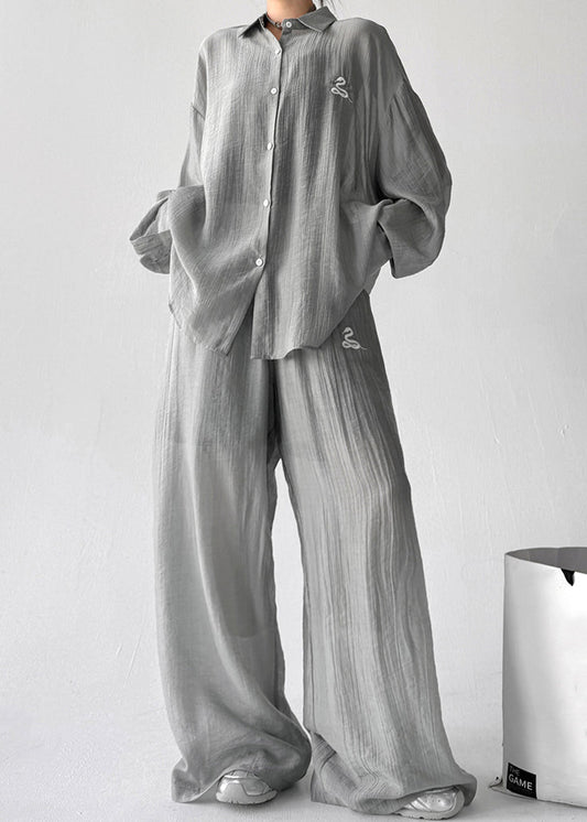 Grey Shirts And Pants Cotton Fall Two Pieces Set Elastic Waist