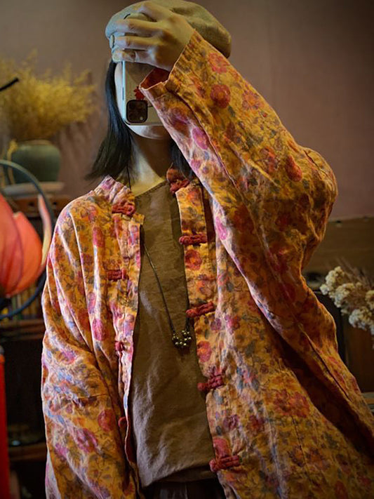 Women Print Vintage Linen Loose Coat