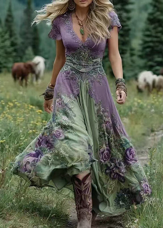 Vintage Green V Neck Print Patchwork Long Dresses Summer