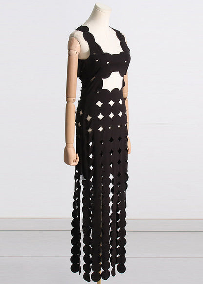 Sexy Black Hollow Out Backless Cotton Spaghetti Strap Dress Sleeveless