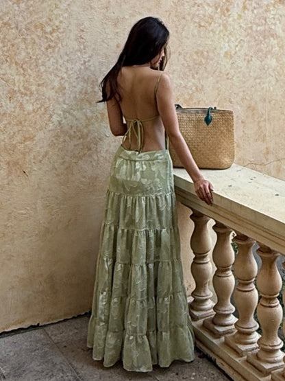 Light Green Jacquard Open-Back Tiered Maxi Dress Set