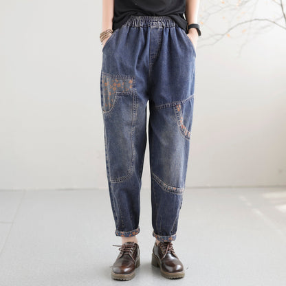 Women Autumn Loose Retro Patchwork Cotton Jeans