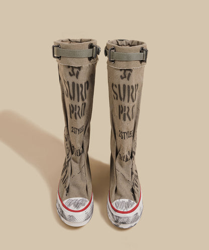 Khaki Canvas Graffiti Splicing Casual Boots