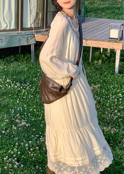 Bohemian Beige Lace Patchwork Cotton Long Dress Spring