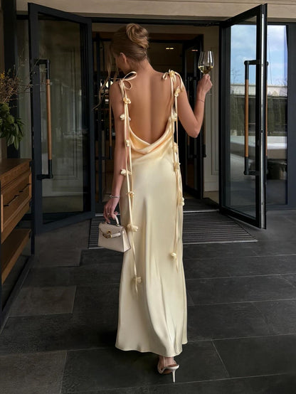 Satin Cowl-Back Open-Back Dress with 3D Flower Straps