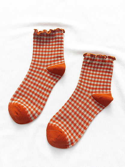 6 Pairs Plaid Women Retro Fashion Autumn Socks