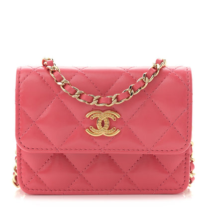 Shiny Lambskin Quilted Card Holder On Chain Pink