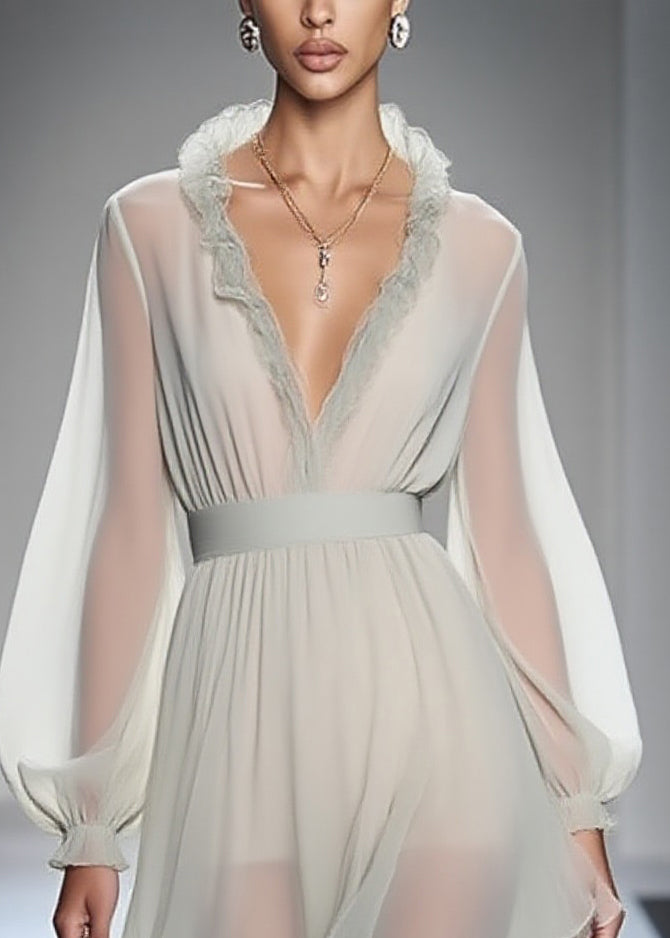 Modern Ruffled Patchwork Solid Chiffon Mid Dress Lantern Sleeve
