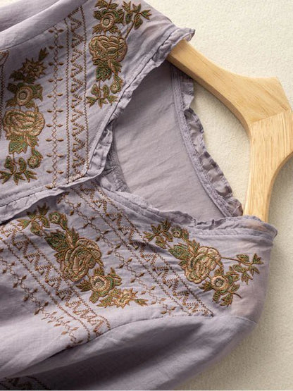 Embroidered Crew Neck 3/4 Sleeve Casual Linen Top
