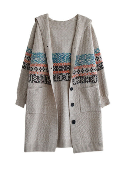 Women Beige Button Knitted Hooded Coats Cardigans