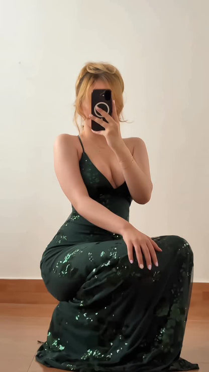 Sexy Spaghetti Straps Sleeveless Slim-Fit Sequined Dress