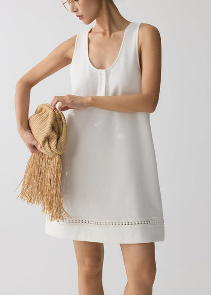 Women White U Neck Hollow Out Cotton Mini Dress Summer