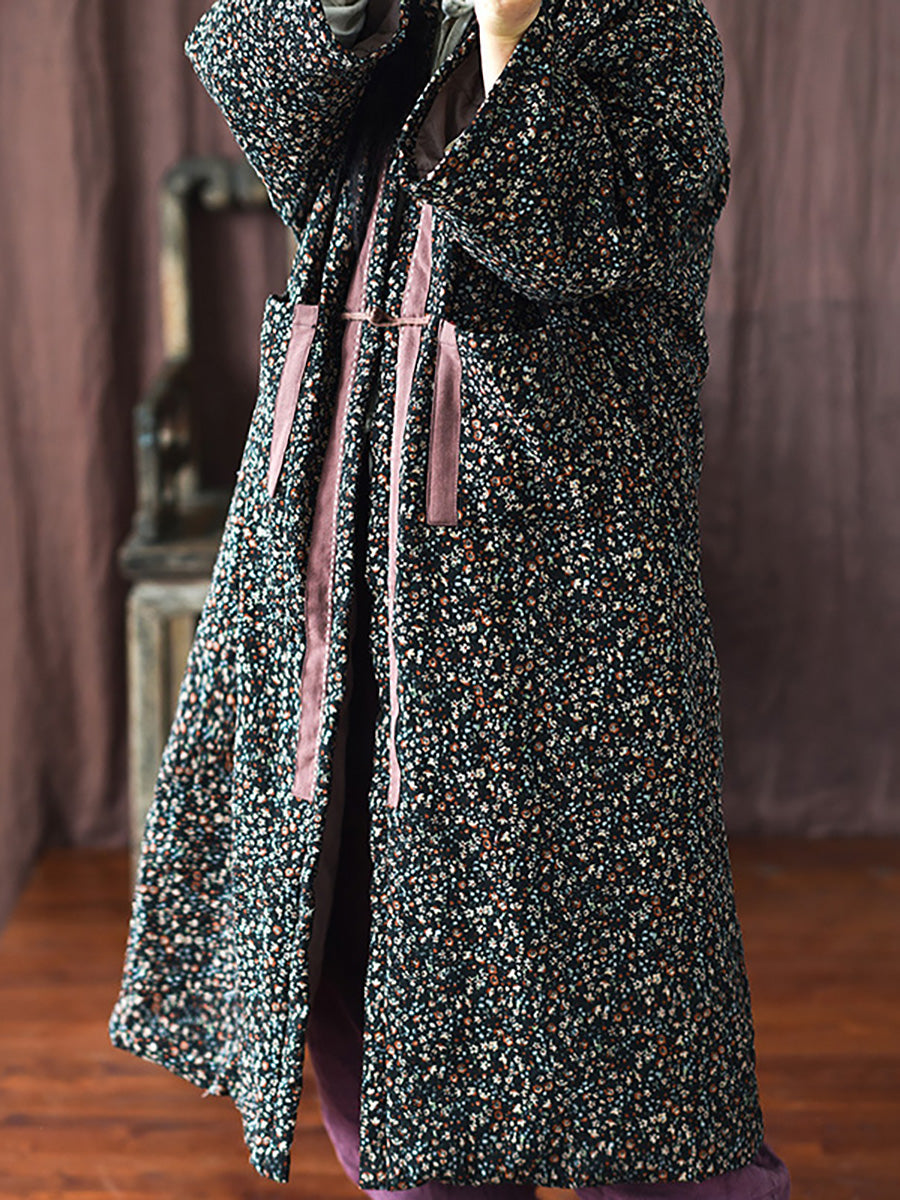 Women Vintage Winter Warm Floral Pocket Print Coat