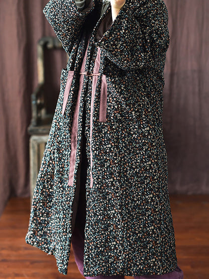 Women Vintage Winter Warm Floral Pocket Print Coat