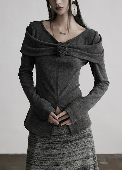 Slim Fit Grey V Neck Floral Cotton T Shirts Tops Fall