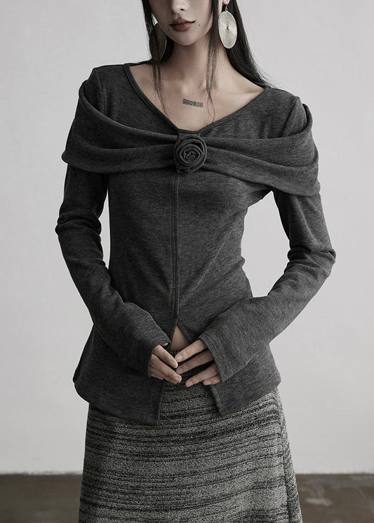 Slim Fit Grey V Neck Floral Cotton T Shirts Tops Fall