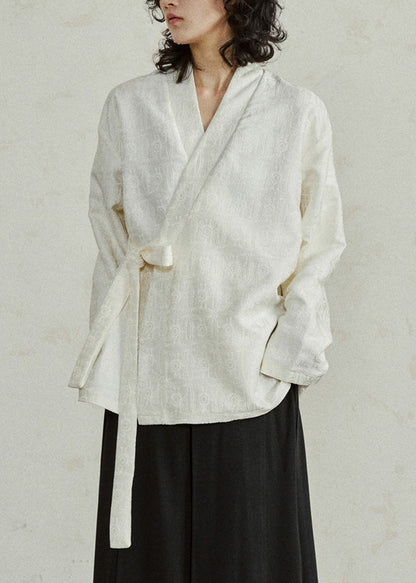 Jacquard Beige V Neck Solid Top Long Sleeve