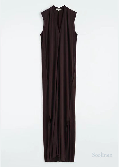 Fashion Chocolate V Neck Cotton Straight Dress Sleeveless