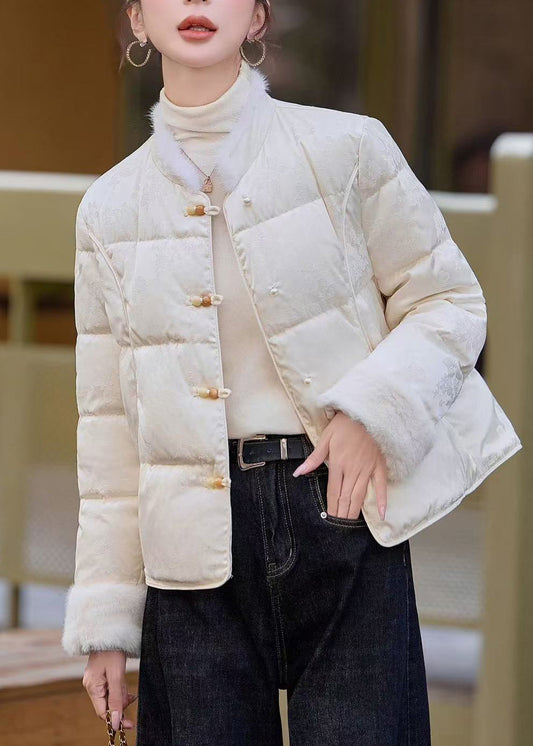 Vintage White Chinese Button Patchwork Mink Hair Duck Down Winter Coats