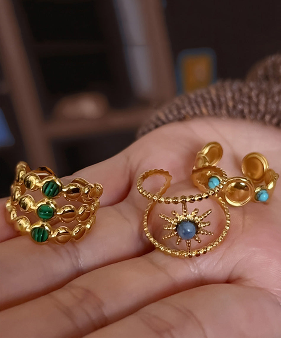 Boho Gold Sterling Silver Overgild Turquoise Gem Stone Ring Three Piece Set Ring