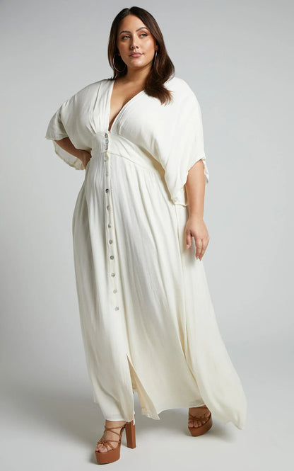 Sitting Pretty Maxi Dress - Short Sleeve Button Down Dress In Natural