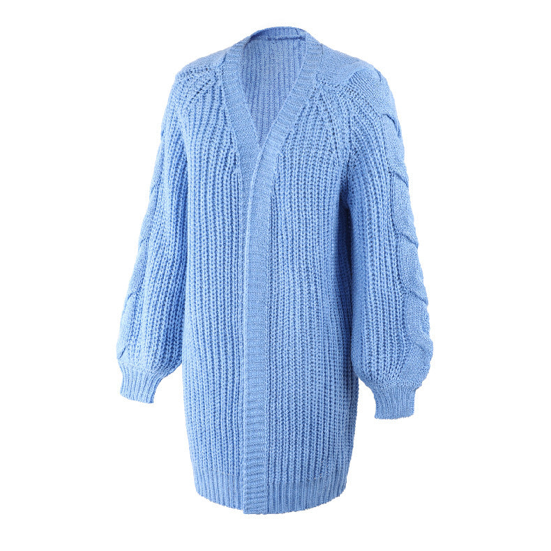 Lantern Sleeve Twist Cable Sweater Cardigan