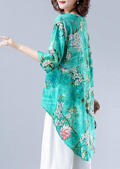 Art o neck asymmetric tunic pattern green Plant printing Dresses blouses