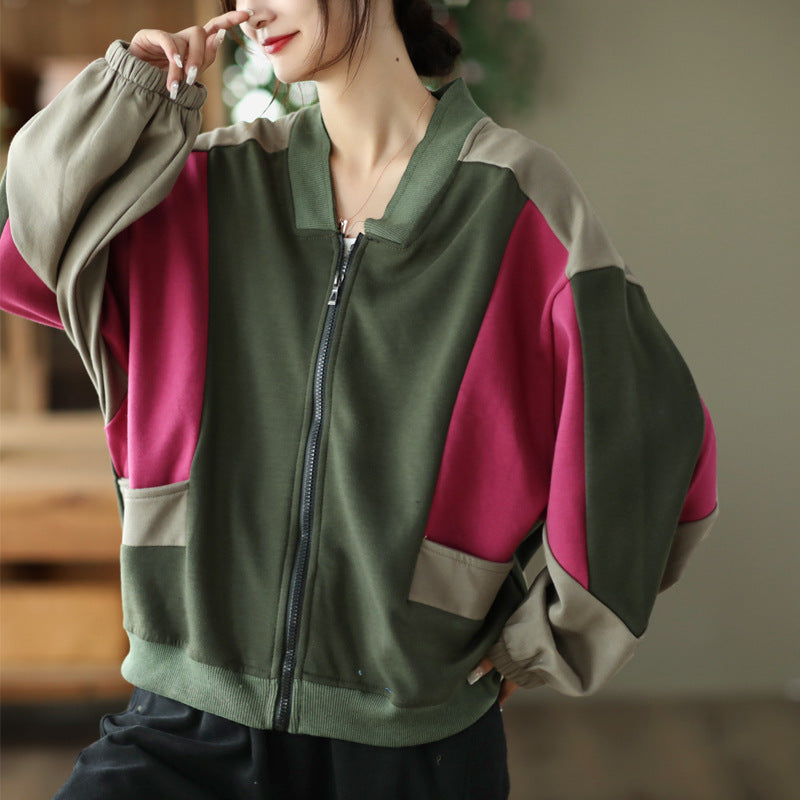Retro Color-Blocking Loose Long-Sleeved Casual Literary Jacket