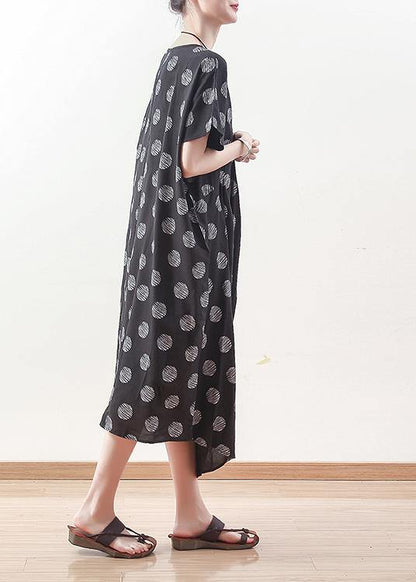 French black prints linen dress Casual Sewing draping long summer Dresses