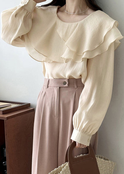 Art Beige Original Design Layered Solid Cotton Blouses Fall