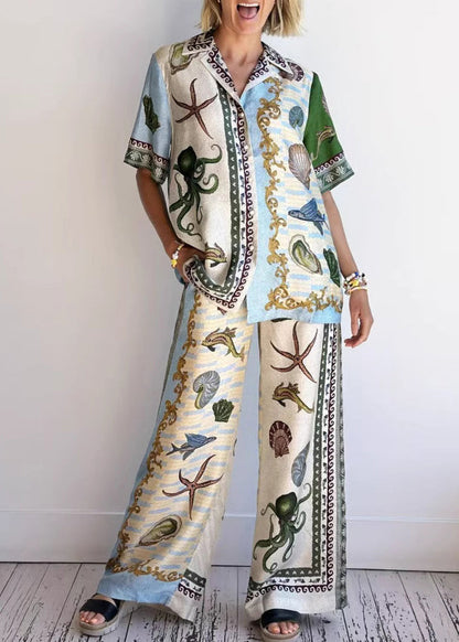 Casual Apricot Peter Pan Collar Button Shirts And Wide Leg Pants Two-Piece Set Summer