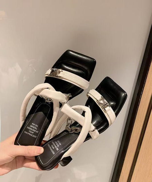 Stylish Splicing High Heel Gold Cowhide Leather Slide Sandals