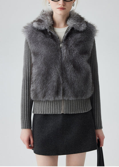 Casual Grey Peter Pan Collar Patchwork Faux Fur Knit Cardigan Winter