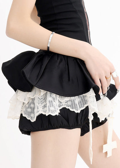 Fashion Black Ruffled Lace Patchwork Cotton Pants Skirt Summer