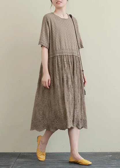 Elegant chocolate embroidery cotton Tunics patchwork hollow out Maxi Dress
