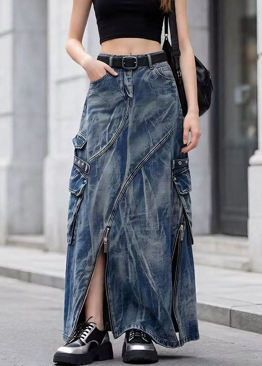 Chic Blue Zip Up Pockets Tie Dye Denim Skirts Spring