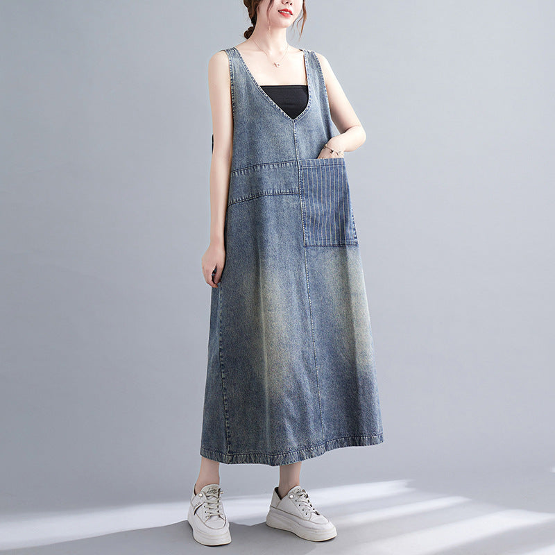 Vintage Literary Washed V-Neck Sleeveless Denim Dress